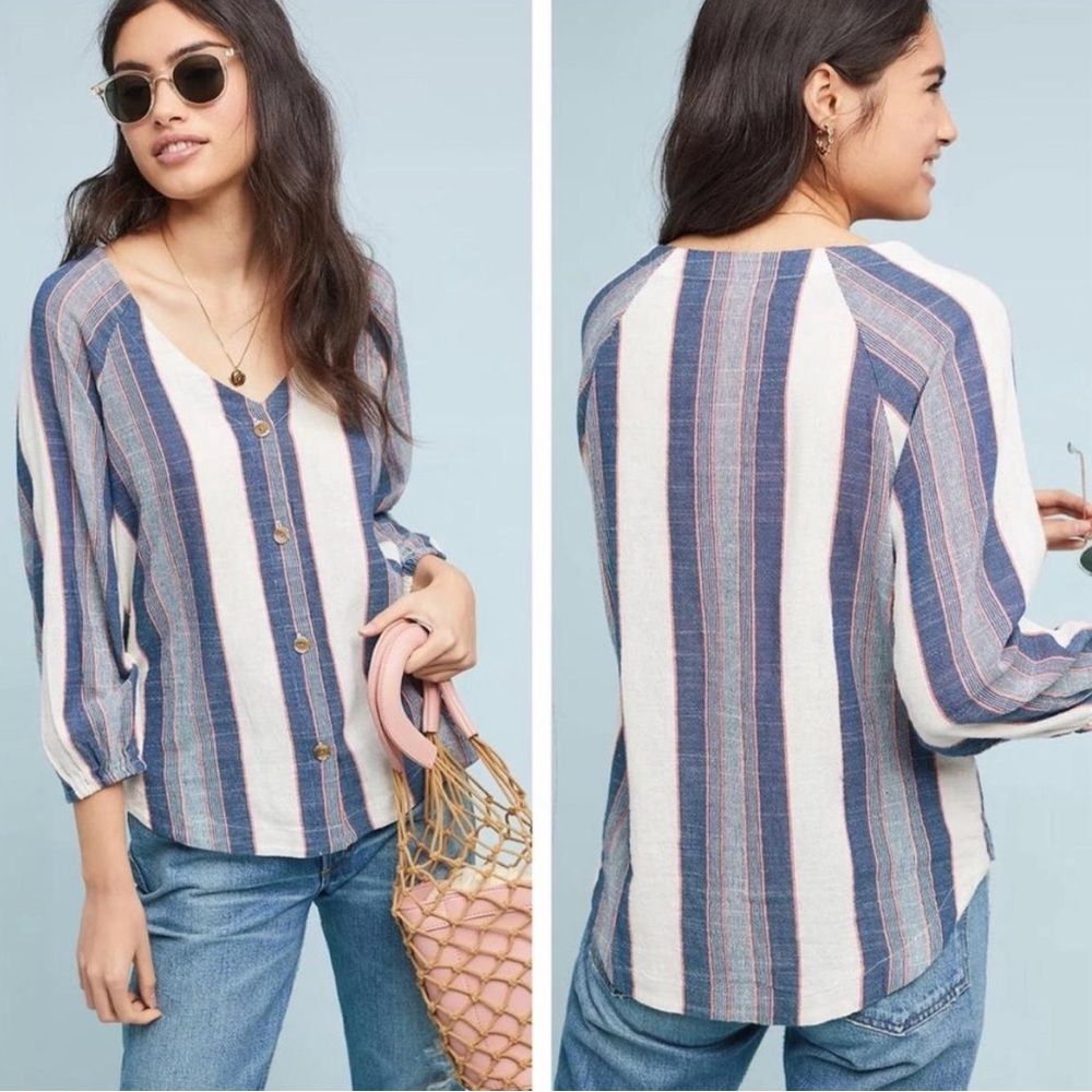 Cloth & Stone for Anthropologie | Women’s Cream/Blue 3/4 Sleeve Vneck Top Sz XS